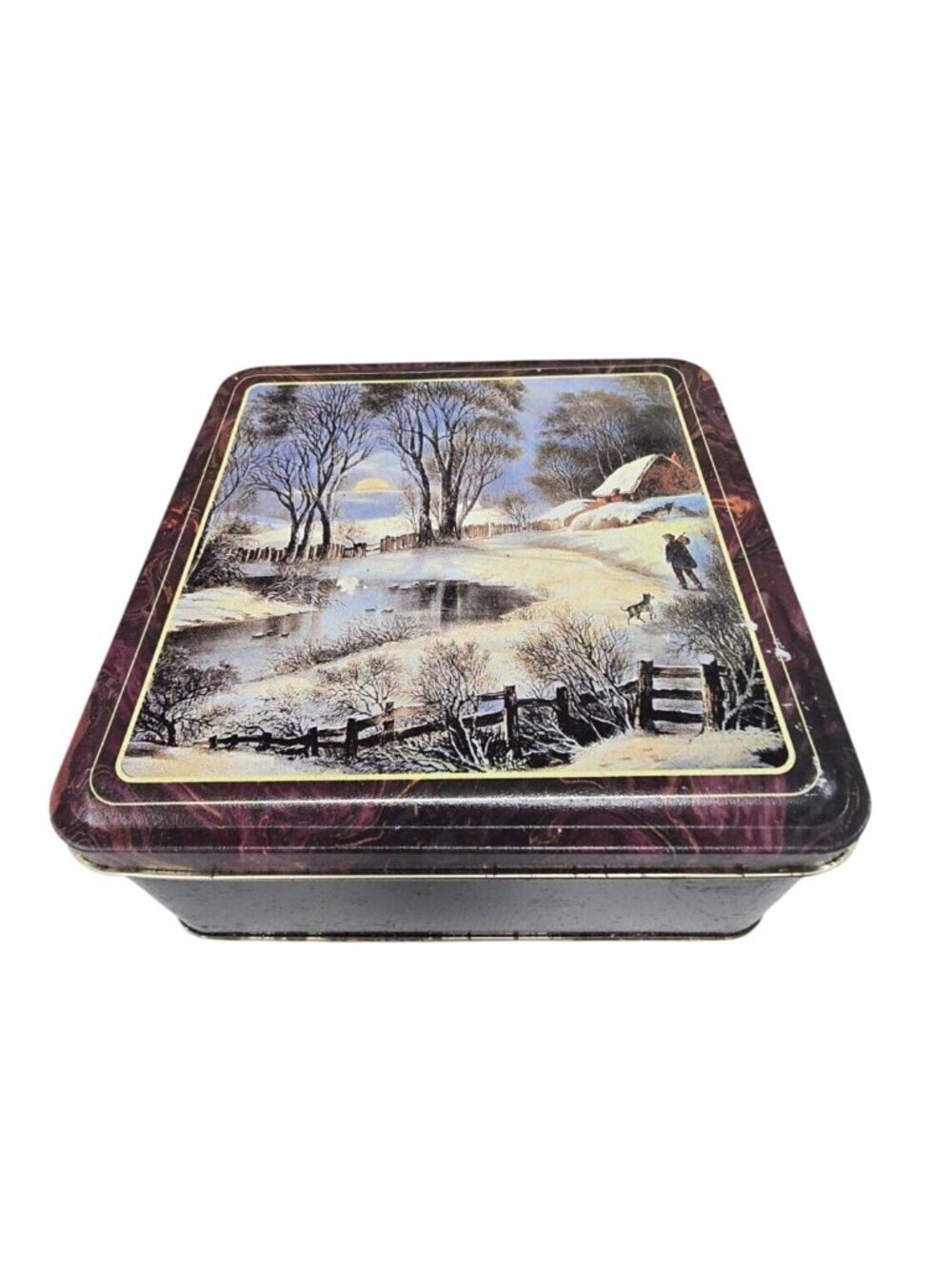 Vintage Square Winter Scene Tin Box with Lid Decorative Storage Container